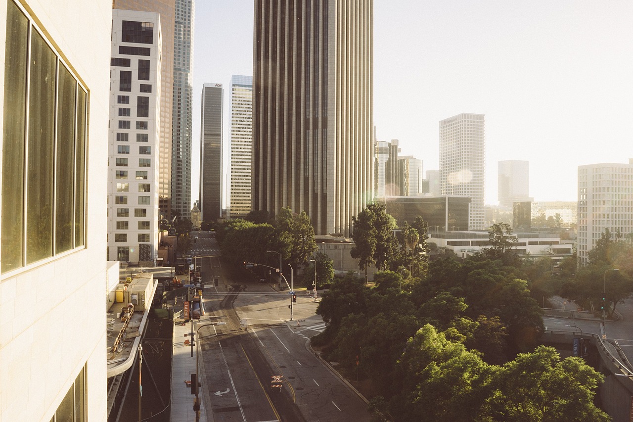 Scenic view of Los Angeles skyline at sunset